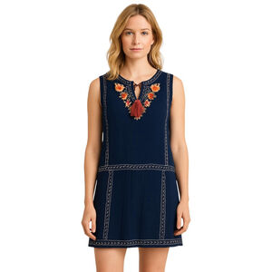 For The Republic Mini Shift Dress L Blue Sleeveless Tank Boho Embroidered Tassel